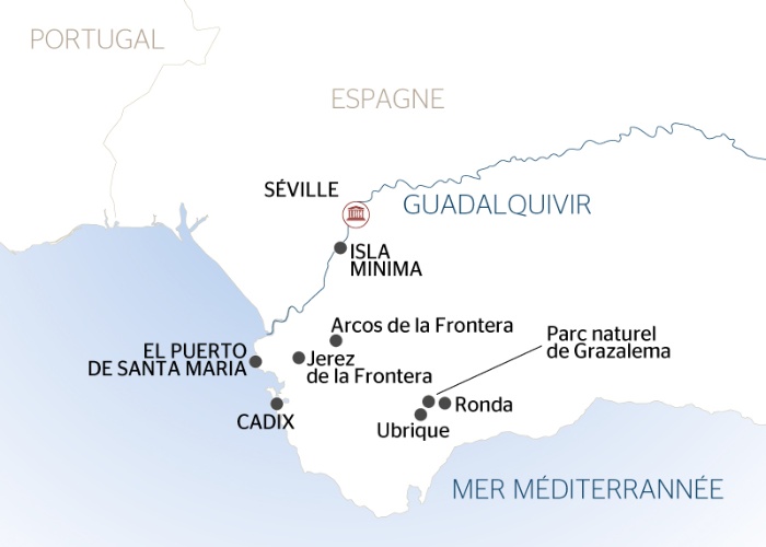 carte La route du jambon et des villages blancs - L'Andalousie authentique : architecture, traditions et spécialités culinaires (formule port/port), 8 jours - SVJ_PP