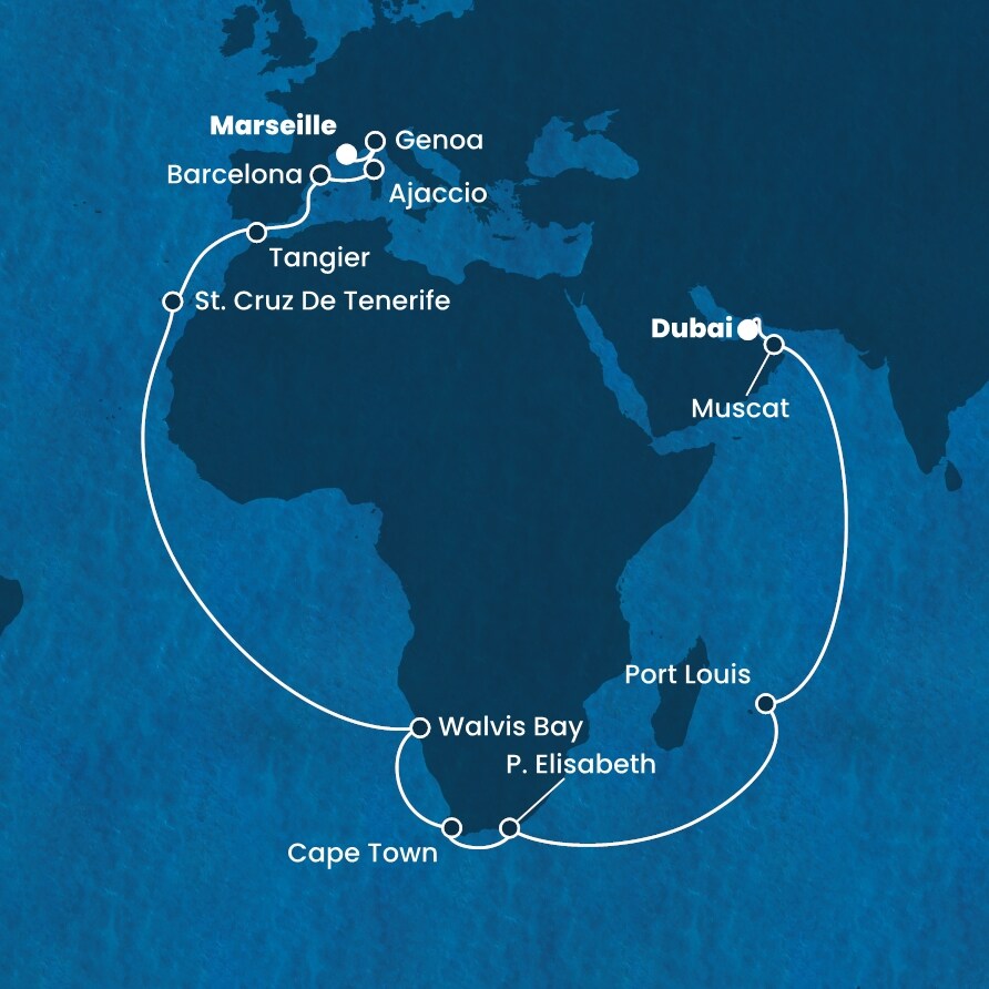 carte *Dubaï, Oman, Île Maurice, Namibie et Afrique du Sud, 39 jours