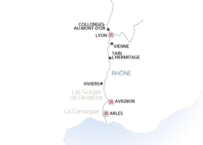 carte Escales incontournables du Rhône entre Lyon, la Camargue et la Provence avec un dîner OFFERT à l'Abbaye de Collonges - Paul Bocuse (formule port/port), 7 jours - LMY_PP2