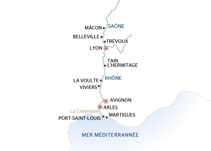 carte Les plus belles escales du Rhône et de la Saône De Martigues, porte de la Méditerranée à Lyon (formule port/port), 7 jours - MML_PP