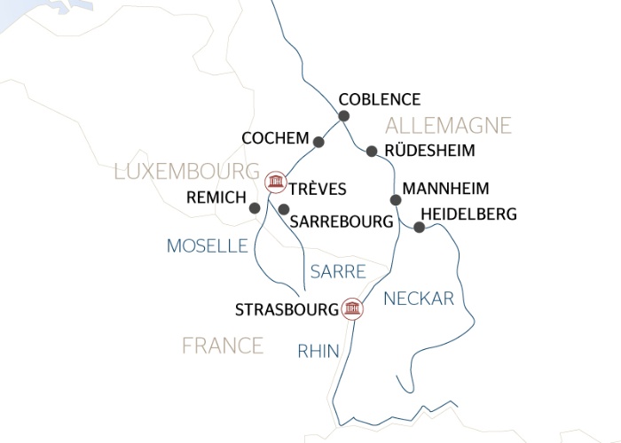 carte 4 FLEUVES : les vallées du Neckar, du Rhin romantique, de la Moselle et de la Sarre (formule port/port), 7 jours - RSB_PP