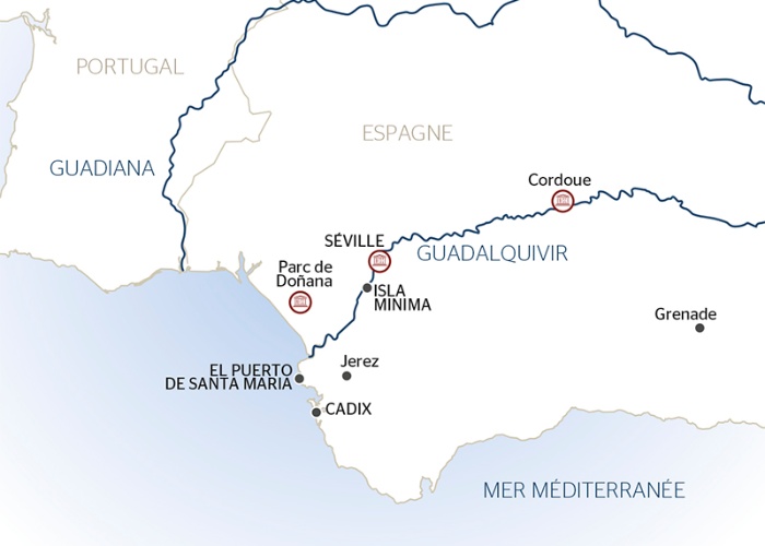 carte Les splendeurs de l'Andalousie au fil du Guadalquivir : Séville, Grenade, Cordoue et Cadix ; les incontournables en tout inclus (formule port/port), 8 jours - SHF_PP